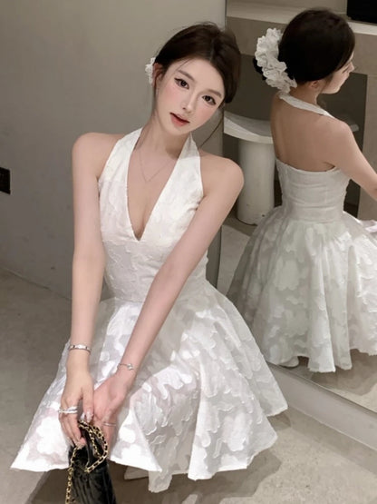 Y2K Halter Backless Short Dresses for Women V-neck Jacquard Sleeveless A-line Birthday Party Dress Prom Mini Vestidos Mujer New