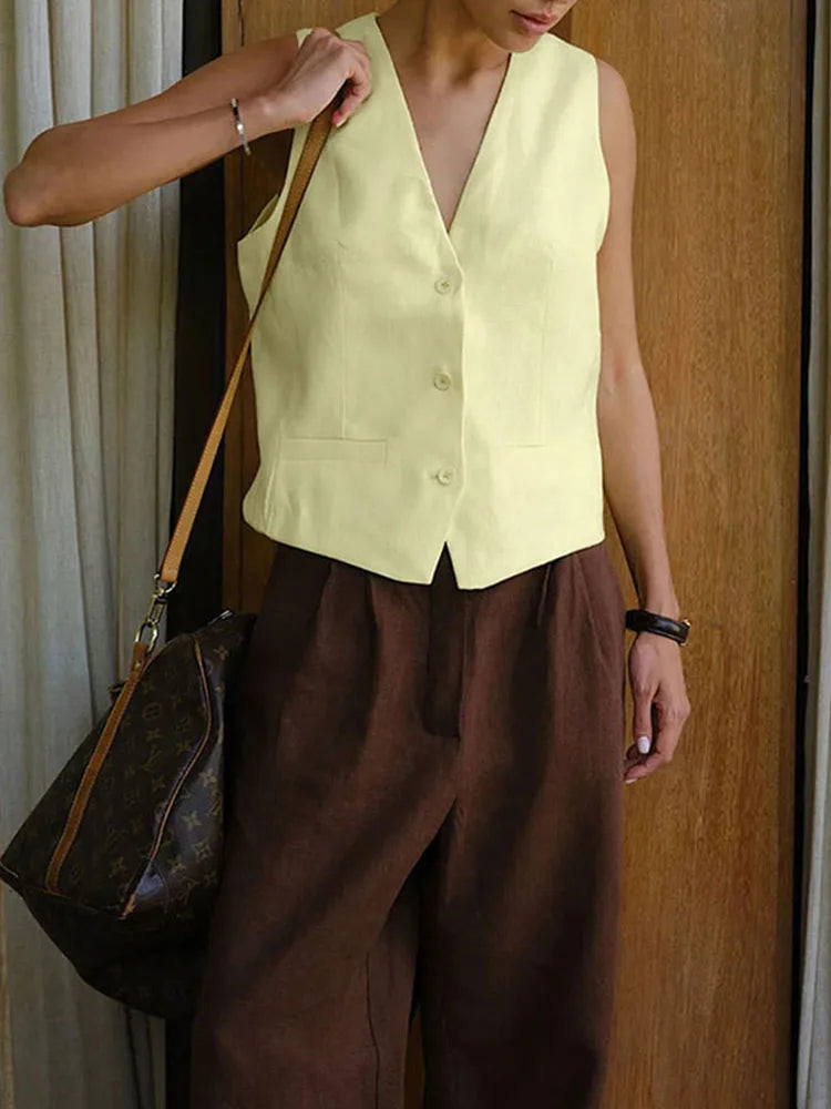 Chaleco informal ajustado para mujer, top de verano sin mangas de color liso, cárdigan de moda de un solo pecho, chaleco de mujer