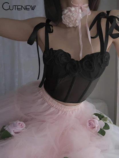 Camisola sin mangas con tirantes y encaje de flores para mujer, estilo informal, estilo Spice Girl, ropa de calle