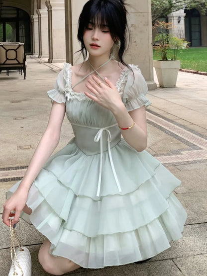 Y2K Princess Birthday Party Dress Lace Patchwork Short Dresses for Women Puff Sleeves Ruffles A-line Cake Vestido Mujer  New