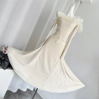 Vestidos de punto nuevos de otoño e invierno para mujer, cuello alto, manga acampanada, encaje de retazos, corte sirena, moda coreana, Vestidos para mujer