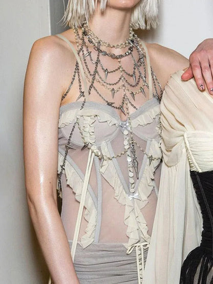 Camisola de tirantes fina con volantes y retazos para mujer, estilo Y2K, estilo veraniego, estilo urbano, sexy, de los años 2000