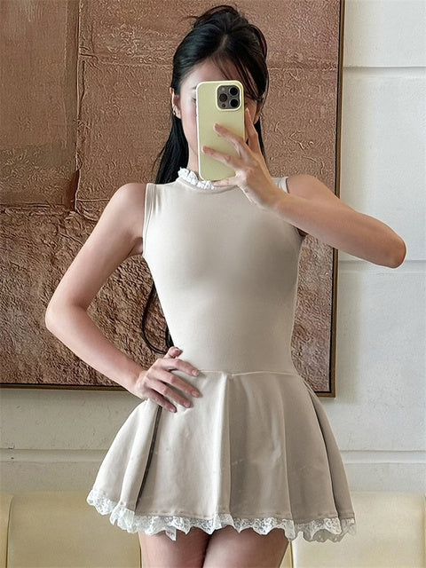 Autumn Lace Patchwork Mini Dress For Women Ruffled Sleeveless Elegant Slim Party Dress Gown Female Luxury High Waist Dress