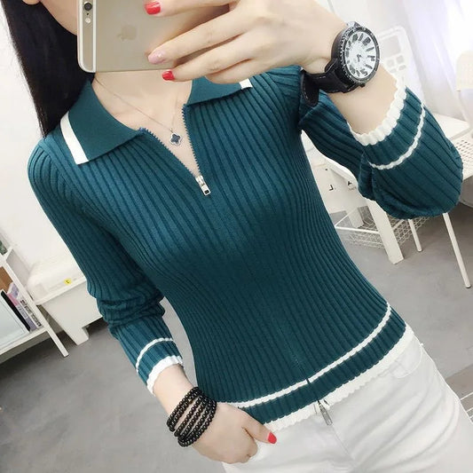 Autumn Spring Style Women Knitted Pullover Tops Lady Casual Zipper V-Neck Knitted Pullover Sweater ZZ0972