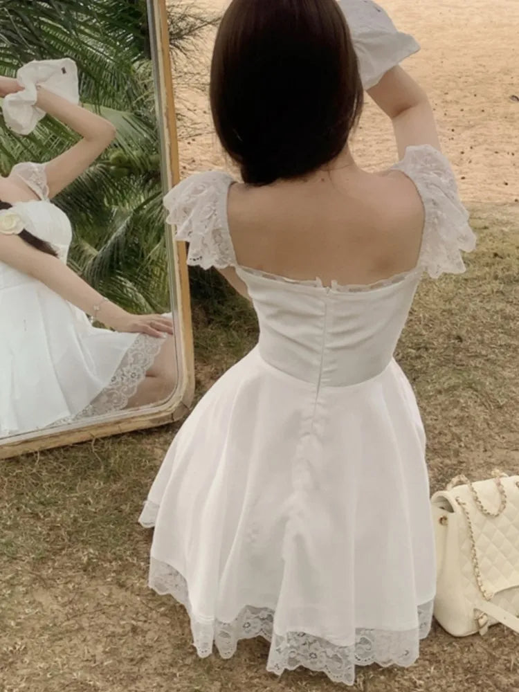 Y2K Lace Princess Party Dress Sexy Spaghetti Strap Square Collar Ruffles A-line Short Dresses for Women Prom Summer Mini Vestido