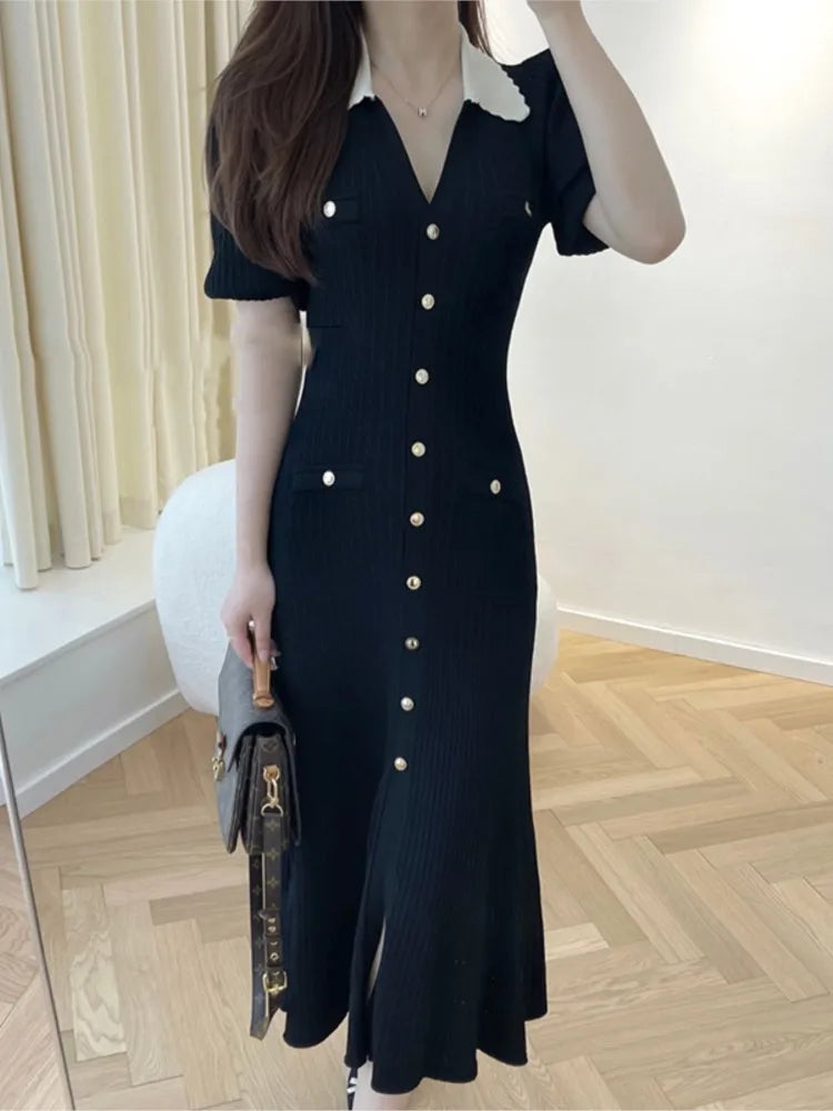 Vestidos de punto elegantes de otoño para mujer, vestido midi de una sola botonadura con cuello en V y mangas abullonadas, moda para mujer