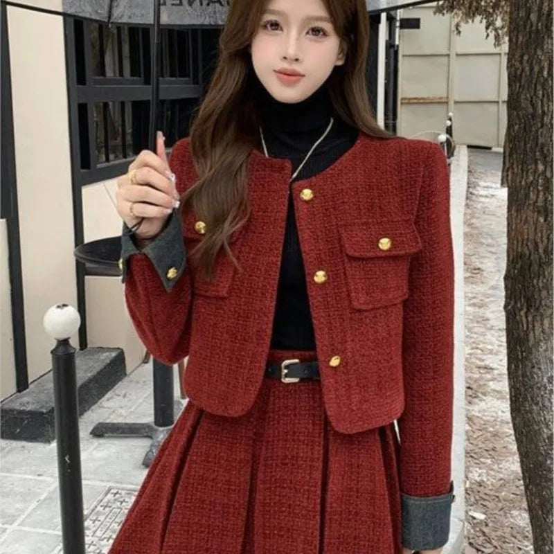Autumn Winter New Red Tweed Two-piece Skirt Set Women Short Jacket Coat Pleated Mini Skirt Korean Fashion Chic Female Outfits
