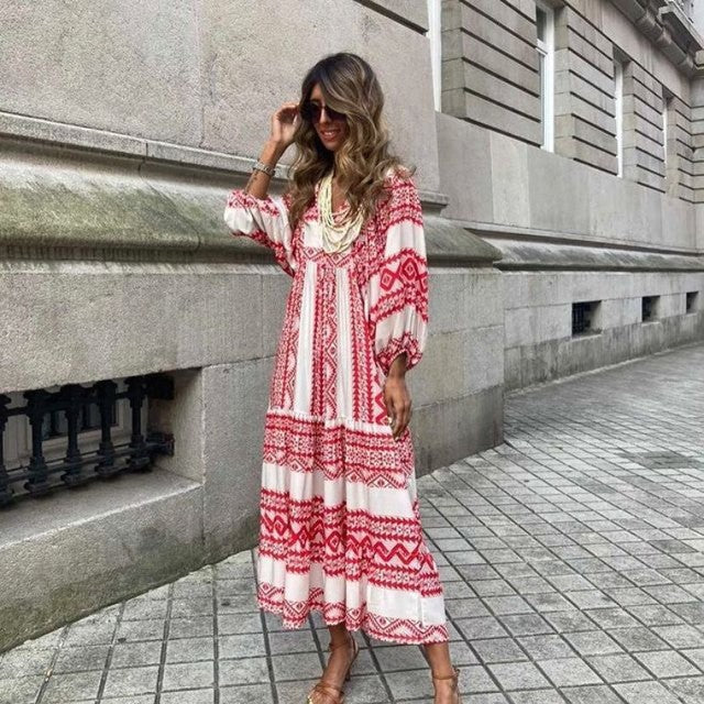 Vestido largo bohemio con mangas abullonadas para mujer, estilo vintage, elegante, informal, con estampado floral y cuello en V, holgado, para fiestas en la playa
