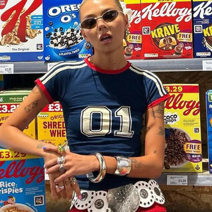 Camiseta minimalista con estampado digital informal de cuello redondo y manga corta para mujer, estilo europeo y americano, novedad Y2K para las cuatro estaciones