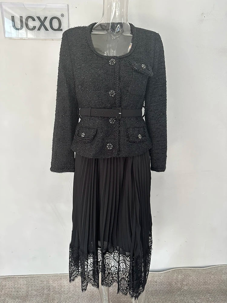 Vintage Beading Buttons O-neck Black Dress With Belt Summer  Women Evening Dresses Ladies Wedding Party Clothes Tide