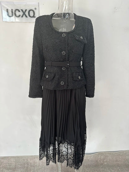 Vintage Beading Buttons O-neck Black Dress With Belt Summer  Women Evening Dresses Ladies Wedding Party Clothes Tide