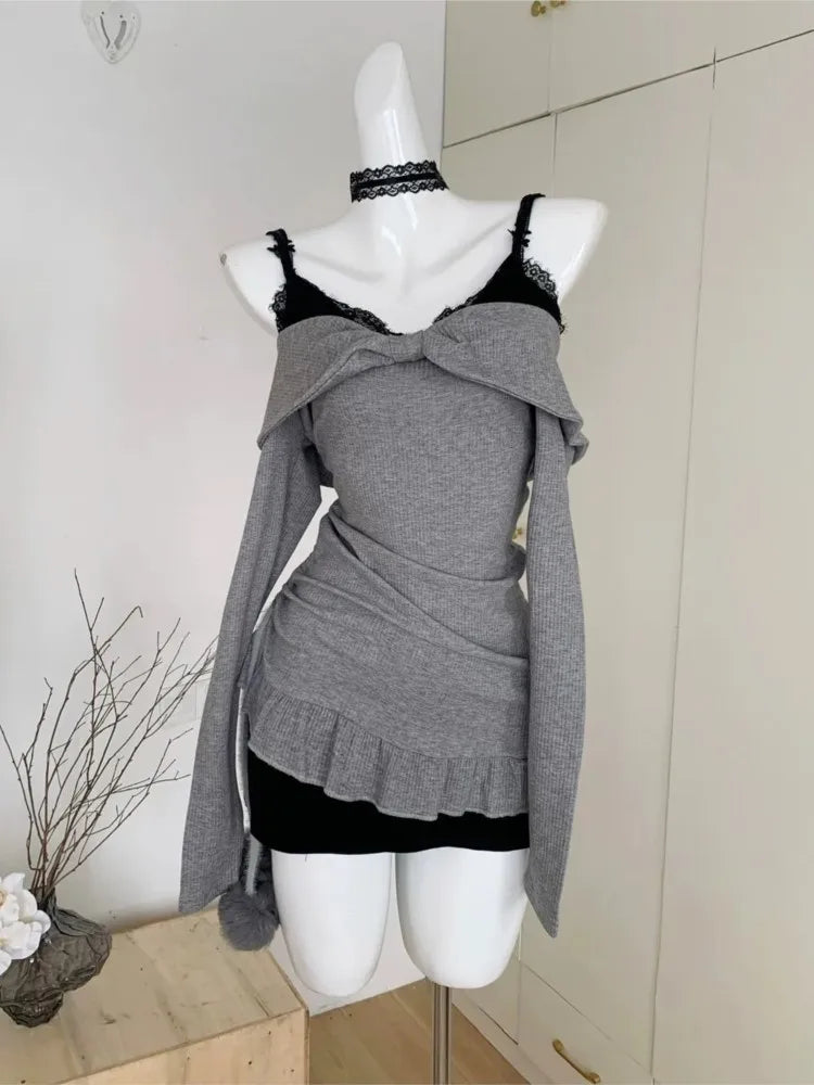 Conjunto de dos piezas de encaje Y2K, minivestidos para mujer, tirantes finos, de punto, estilo coreano, sexy, para fiesta