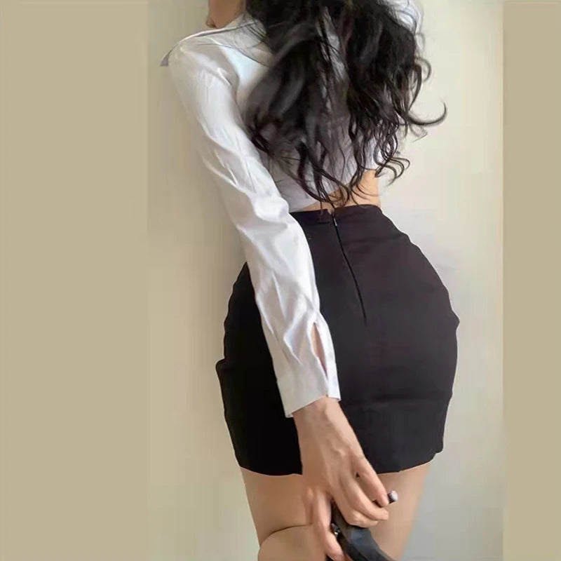 2000s Crop Top Summer Sexy Women Solid Color Lapel Collar Single Breasted Long Sleeve Shirt y2k Clothing Streetwear