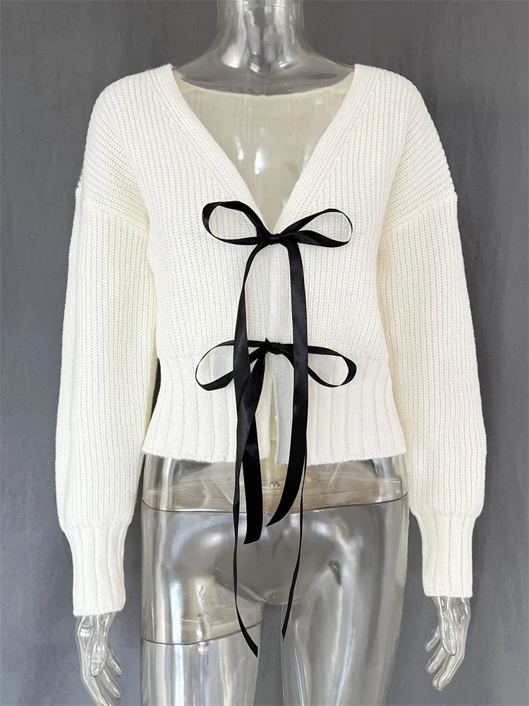 Autumn Knit Sweater Cardigan For Women Tee Bow Fashion Hollow Out Ribbed Patchwork Lace-Up Top Female Knitwear Cardigan