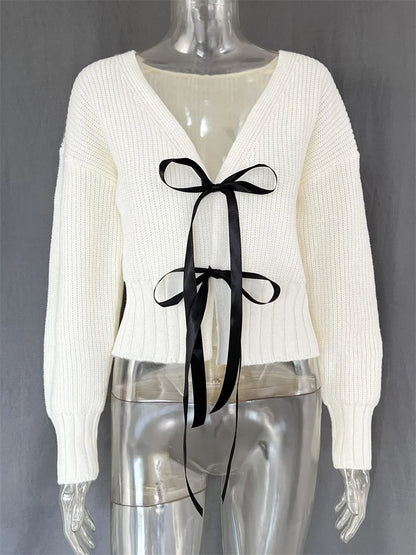 Autumn Knit Sweater Cardigan For Women Tee Bow Fashion Hollow Out Ribbed Patchwork Lace-Up Top Female Knitwear Cardigan