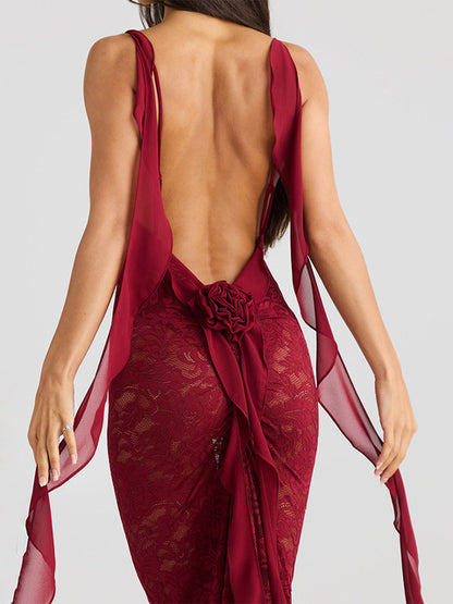 Sexy Sleeveless Lace Patchwork Print Women Backless Party Evening Dress 2025 New Trailing Long Skirt Flowing Vestido