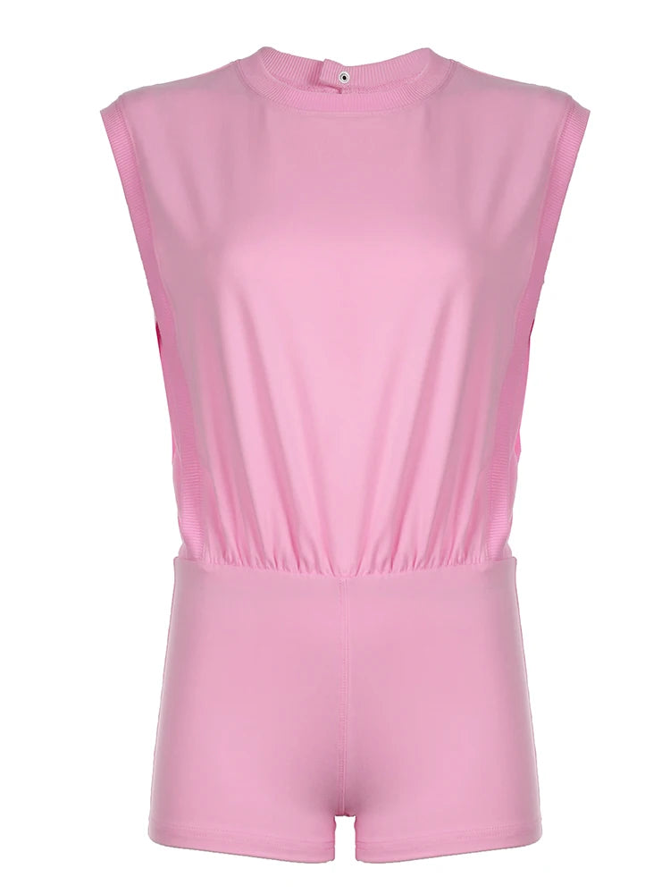 Mono tipo blusa estilo bohemio sin mangas con espalda hueca para mujer, cuello redondo, liso, sencillo, informal, para vacaciones de verano y playa, color rosa