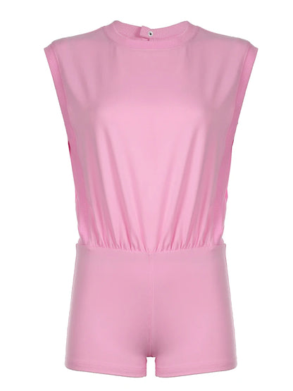 Mono tipo blusa estilo bohemio sin mangas con espalda hueca para mujer, cuello redondo, liso, sencillo, informal, para vacaciones de verano y playa, color rosa