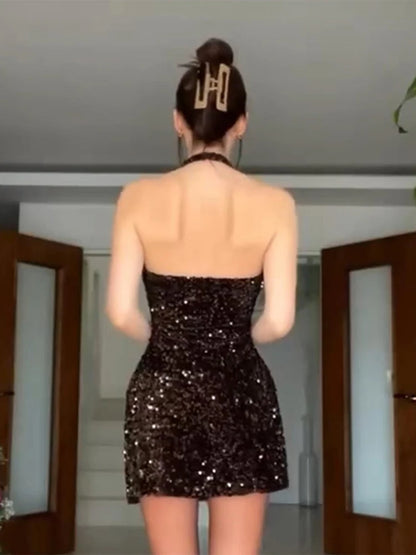 Vestido mini con lentejuelas y espalda descubierta para mujer, sexy, con hombros descubiertos, corte en A, para fiesta de noche, de verano, ajustado, con purpurina, 2025