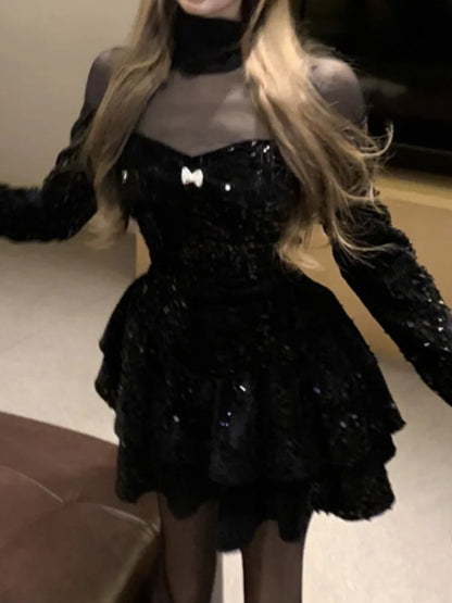 Vestido elegante informal de corte A para mujer, color negro, estilo vintage de terciopelo, a la moda, para fiestas, noches y Navidad