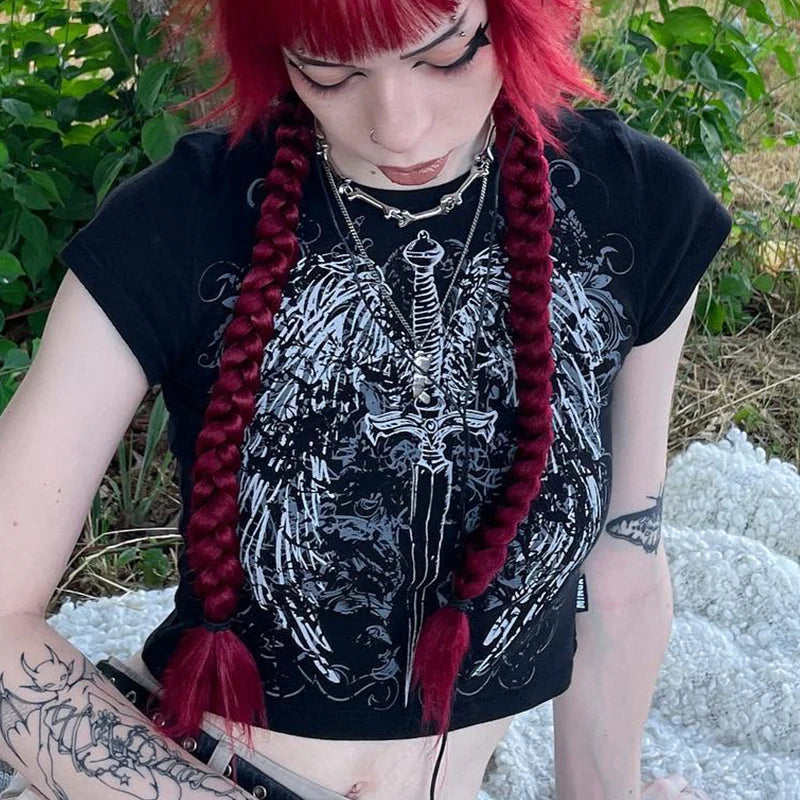 90s Harajuku printed T-shirt short sleeved tight top women’s Y2K street wear exposed navel top