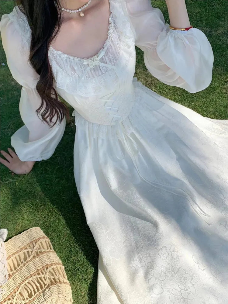 Autumn Elegant Wedding Princess Party Dress Women Korean Jacquard Fairy Vintage Lace-up Lantern Sleeve Dresses Vestidos