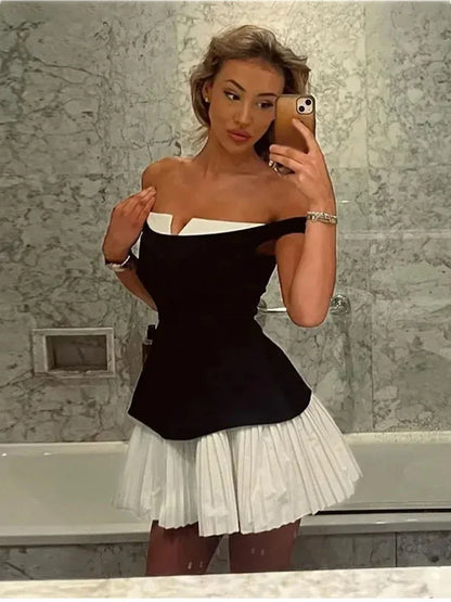 Contrast Color Folds Mini Dress For Women Slim Fit Off-Shoulder Sexy Dress Plunge Elegant Sleeveless Gown Dress Ladies