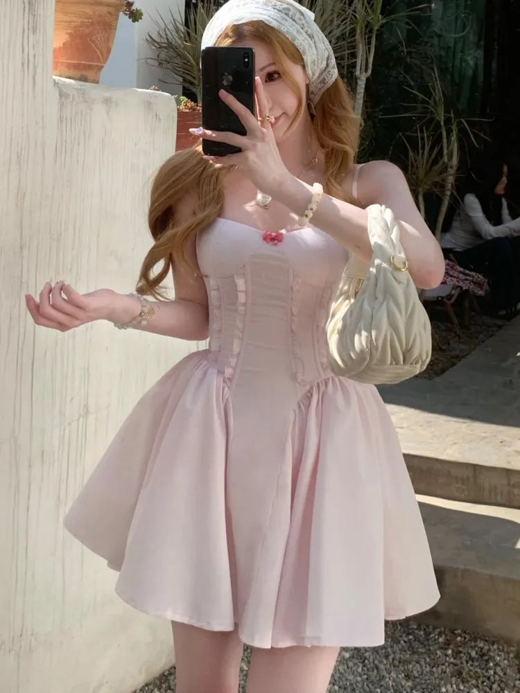 Y2K Slim Princess Short Dresses for Women Summer Spaghetti Strap Corset A-line Solid Birthday Party Dress Prom Vestidos Mujer