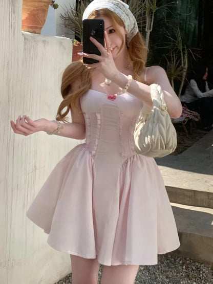 Y2K Slim Princess Short Dresses for Women Summer Spaghetti Strap Corset A-line Solid Birthday Party Dress Prom Vestidos Mujer
