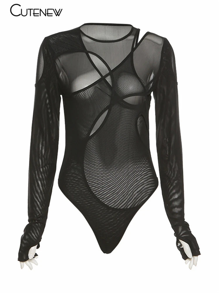 Body de malla sexy transparente con aberturas irregulares para mujer, cuello redondo, mangas largas, elástico, para fiesta y club