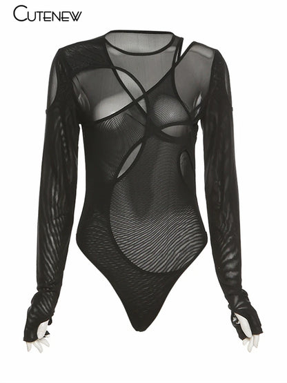 Body de malla sexy transparente con aberturas irregulares para mujer, cuello redondo, mangas largas, elástico, para fiesta y club
