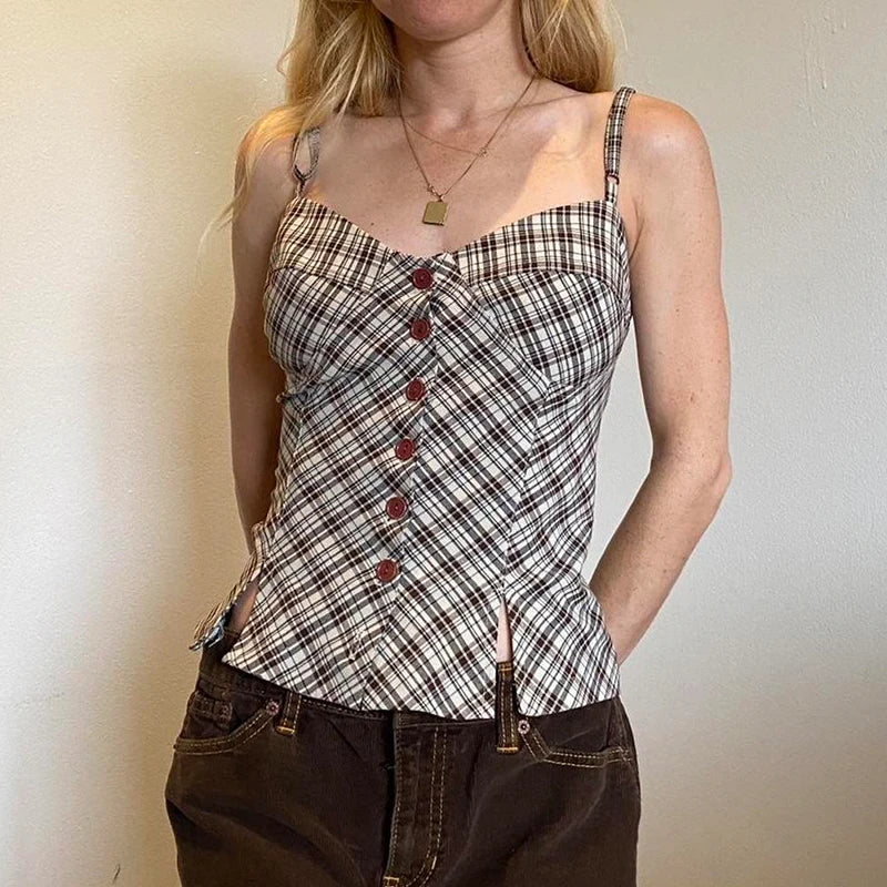 Chaleco a cuadros Y2K para mujer, estilo retro, con botones y abertura en el bajo, camisola estética chic, moda sin mangas, conjuntos de verano 2025