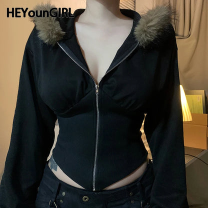 Cárdigan con capucha y ribete de piel Y2K para mujer, chaqueta corta ajustada negra básica, abrigo vintage de los años 90 con cremallera, ropa de calle Harajuku