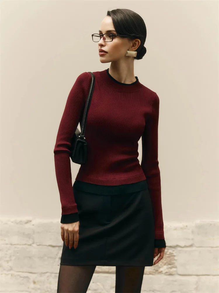 Autumn Knit Sweater Pullover For Women Ribbed Patchwork Long Sleeve Slim Lnner Inner Top Streetwear Female Knitwear Top