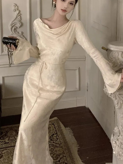 Autumn Bodycon Wedding Evening Dresses for Women Flare Sleeve Swinging Collar French Vintage Prom Robe Midi Vestidos Mujer New