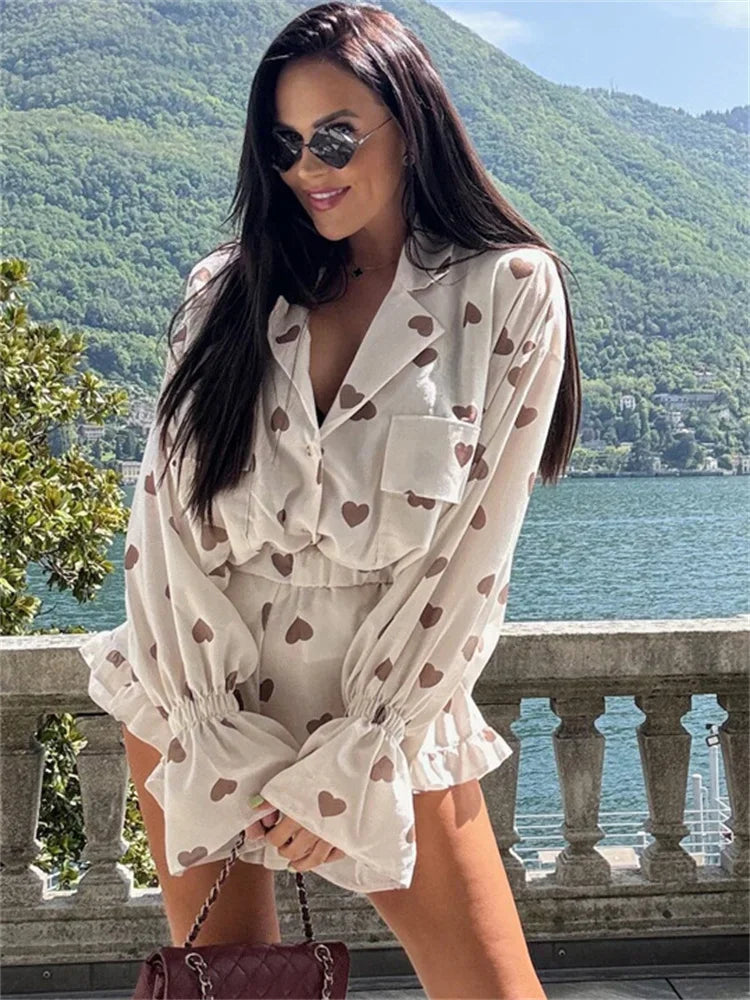 Autumn 2 Piece-Set Shorts For Women Printed Pocket Shirts And High Waist Slim Shorts Sets Female Casual Contrast Outfits