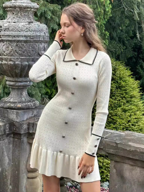 Autumn Long Sleeve Knit Dress For Women Fashion Lapel Single-btrasted Button High Waist Ruffled Mini Dress Knitwear