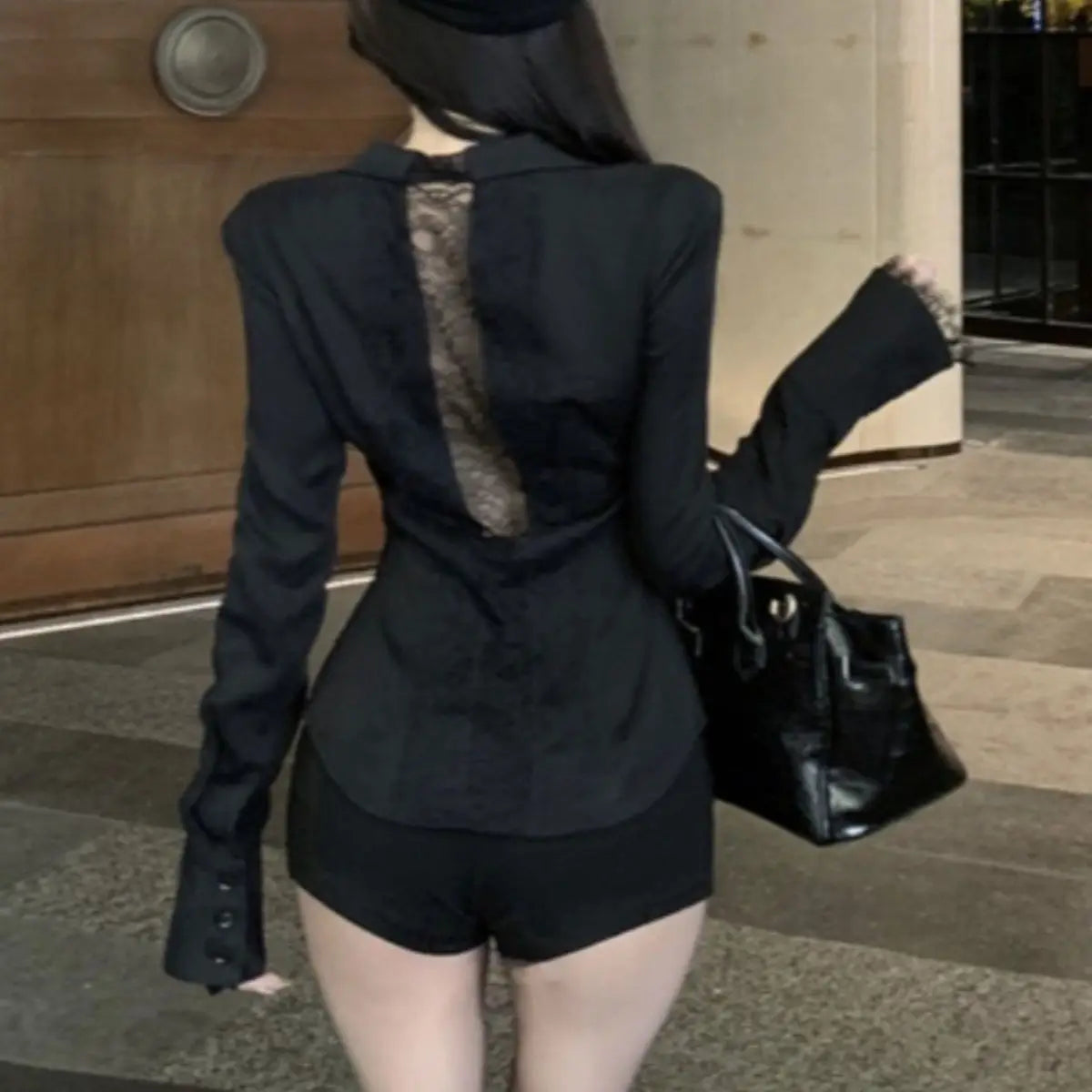 Backless Lace Youthful Fashion Black Long Sleeve Shirt Women V Neck Patchwork Elegant Basic Blouse Lady Office Casual White Top