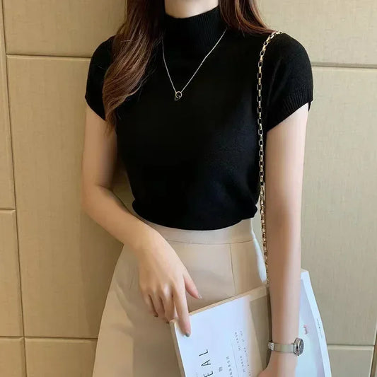 Blusas y tops de mujer Blusa de manga corta de verano para mujer Blusas de mujer de moda Blusa de punto de cuello alto Tops de camisa