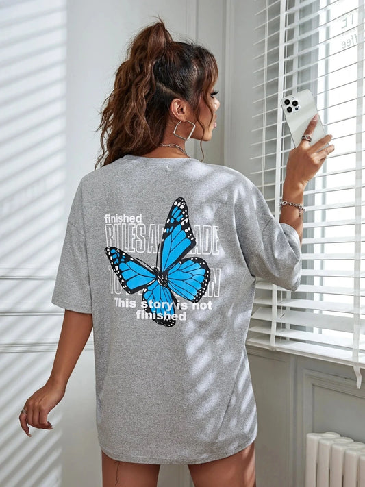 Art Word and Blue Butterfly Printed Women T-Shirt Casual Cotton Short Sleeve Breathable Summer T Shirt Street Clothing