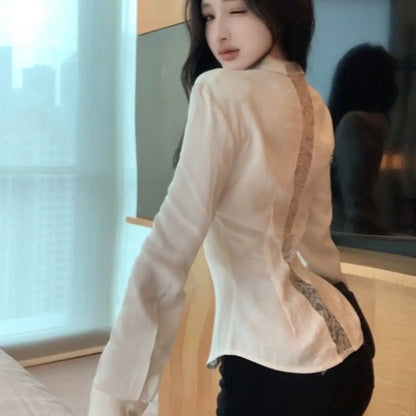 Backless Lace Youthful Fashion Black Long Sleeve Shirt Women V Neck Patchwork Elegant Basic Blouse Lady Office Casual White Top
