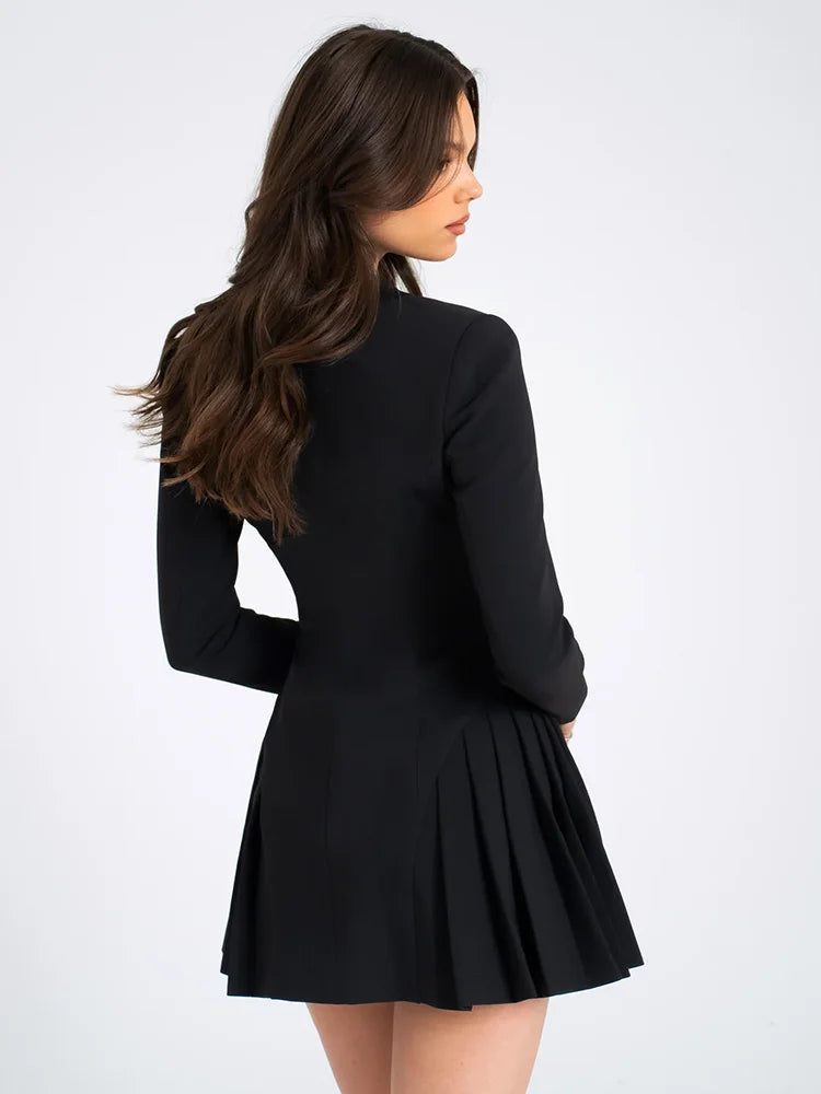 Autumn Black Blazer Mini Dress For Women Fashion V Neck Single-breasted Long Sleeve High Waist Pleated Sexy Dress