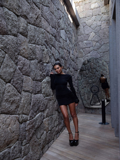 Autumn  Long Sleeve Tight Dress For Women Sexy Backless Bodycon Mini Dress Fold Female Party Club Evening Dress