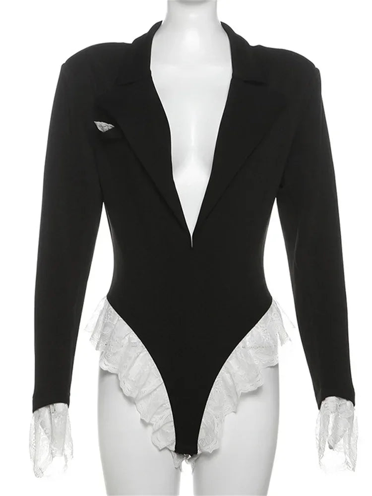 Traje de moda de encaje, mono, blazer para mujer, top de cuerpo con cuello en V, cárdigan ajustado de manga larga, ropa de calle sexy para mujer, monos negros nuevos