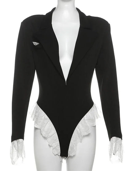 Traje de moda de encaje, mono, blazer para mujer, top de cuerpo con cuello en V, cárdigan ajustado de manga larga, ropa de calle sexy para mujer, monos negros nuevos