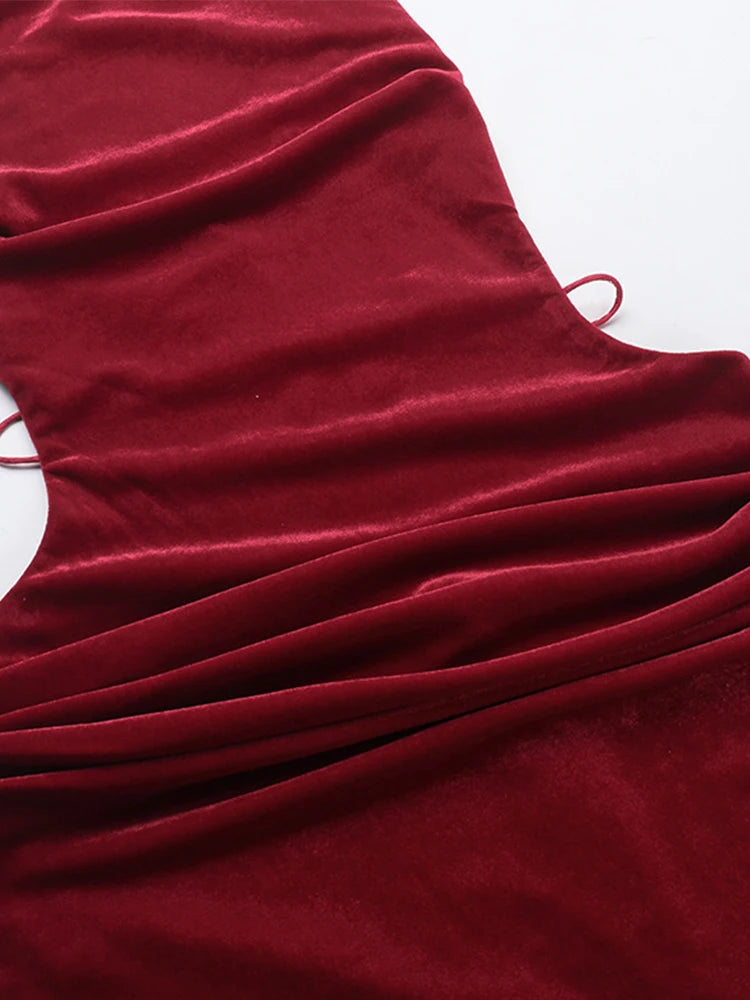 Vestido largo sexy de terciopelo sin espalda con tirantes para mujer, estilo retro, liso, sin mangas, con cordones, ajustado, para noche, elegante y chic, para fiesta en la calle.