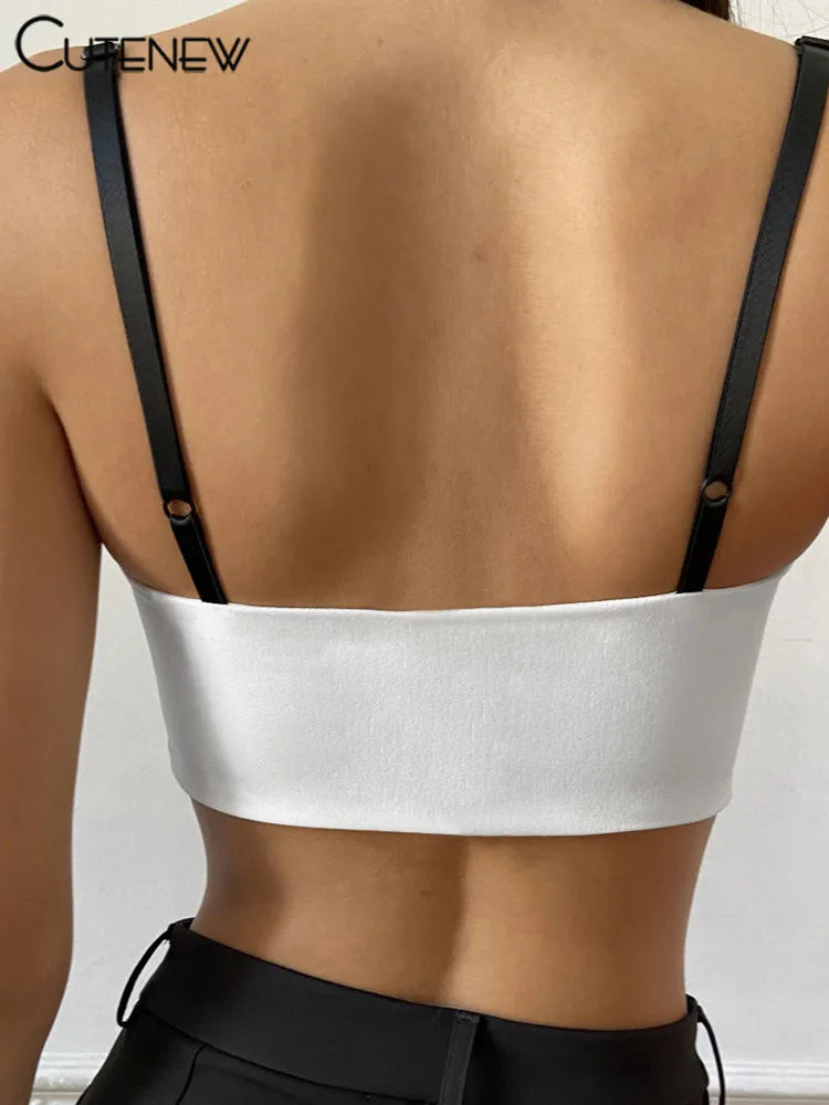 Y2K - Camiseta sin mangas con tirantes y retazos para mujer, camisola sexy de verano, sin mangas, ajustada, de encaje blanco, informal, ropa de calle