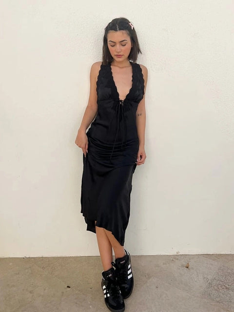 Sexy Lace Camisole Open Back Dress For Women Satin Lace Up Bodycon Long Dress Female Elegant Party Club Evening Dress