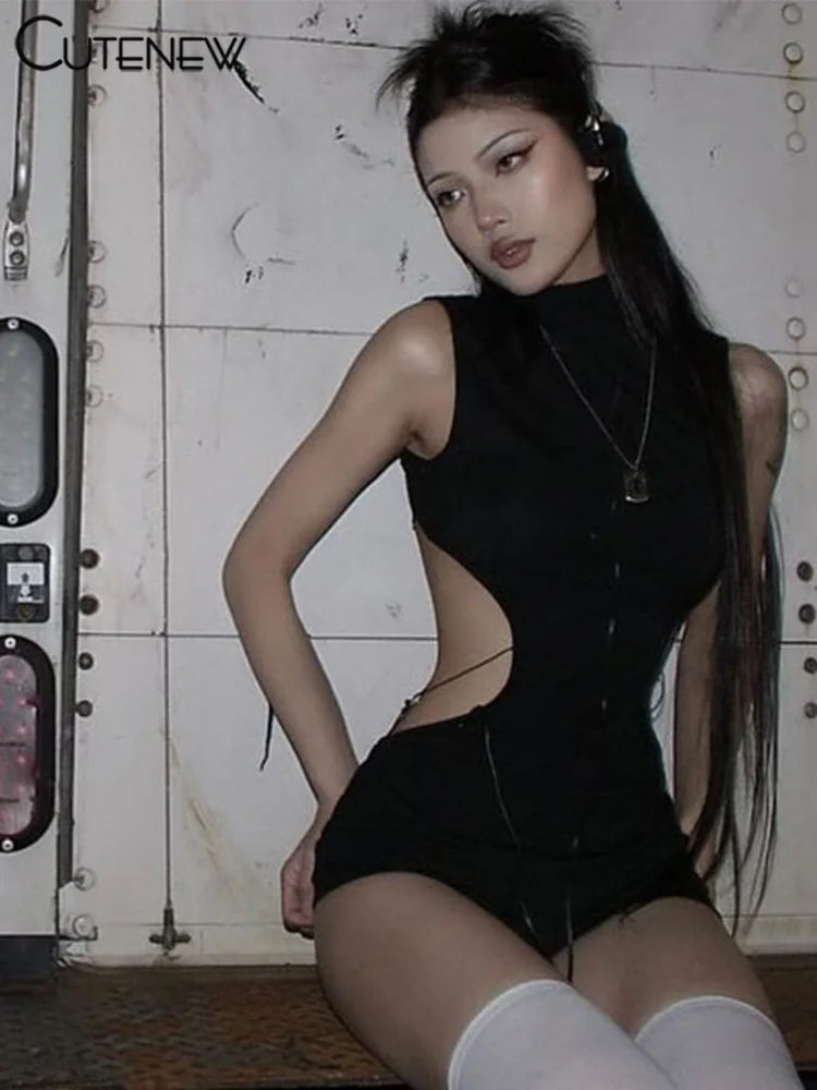 Monos sexys con espalda hueca para mujer, monos sólidos impresionantes sin mangas con cuello alto que moldean el cuerpo, ropa de calle elegante Y2K para mujer