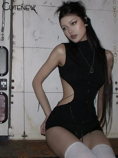 Monos sexys con espalda hueca para mujer, monos sólidos impresionantes sin mangas con cuello alto que moldean el cuerpo, ropa de calle elegante Y2K para mujer